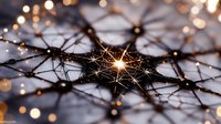 Glowing neural network visualization with interconnected nodes and synapses on dark background, illuminated by golden bokeh lights creating futuristic pattern.
