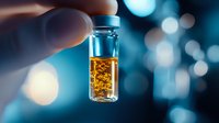 Hand holding small glass vial with golden liquid sample against blue bokeh background for laboratory research and scientific analysis.
