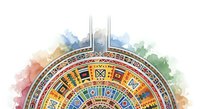 Aztec calendar stone with watercolor splashes in rainbow colors, isolated on white background for design projects, educational materials, and cultural artwork applications.