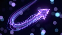 Glowing purple neon arrow with flowing energy trails on dark background with bokeh lights for business growth and success concepts.