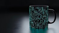 Black coffee mug with glowing cyan circuit board pattern on dark background for technology and electronics themed designs.