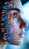 Profile view of face with digital particle effect overlay creating futuristic transformation. Glowing blue and orange code streams blend with facial features in dark setting.
