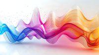 Colorful flowing waves with gradient effect from blue to purple, pink and orange create dynamic abstract background with transparent overlapping layers.