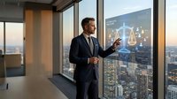Professional businessman in dark suit interacting with futuristic holographic legal interface displaying scales of justice in modern office overlooking city skyline at sunset.