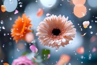Dreamy coral gerbera daisy flowers floating with water drops and petals against blurred blue background, creating magical romantic atmosphere for greeting cards.