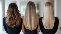 Three women with different blonde hair shades and styles showing back view, wearing black tops, demonstrating balayage, ombre and platinum hair coloring techniques.