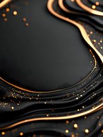 Elegant black and copper abstract waves with glitter particles create luxurious background texture. Golden metallic lines flow across dark surface with sparkling dots.