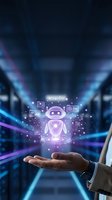 Businessman holding glowing robot hologram with circuit board icons in server room environment, representing artificial intelligence, automation, and digital transformation technology solutions.