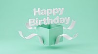 Open mint gift box with flying ribbons and Happy Birthday text on pastel green background for greeting cards and celebrations.