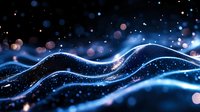 Glowing blue waves with sparkles and bokeh effects on dark background create magical abstract composition for technology and digital concepts.