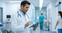Male doctor using digital tablet with holographic medical data display in modern hospital corridor for healthcare technology and telemedicine applications.