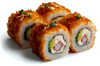 Fresh crispy tempura sushi rolls with crab meat, cucumber, and avocado filling, topped with spicy sauce and green onions on white background.