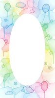 Watercolor rainbow frame with balloons, clouds and stars creating oval border for baby shower invitations, birthday cards and party decorations.