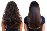 Comparison of curly and straight long brown hair from behind on dark background. Before and after hair treatment showing different hairstyles and textures.