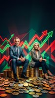 Senior business executives sitting on gold coins with rising financial charts and arrows showing market growth and investment success.