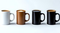 Coffee mugs in different colors filled with hot beverages arranged in row on white background, showing variety of ceramic cups with fresh coffee and foam.