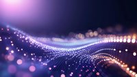 Glowing digital wave with sparkling particles and bokeh lights on dark background creates futuristic technology visualization effect for tech presentations.