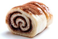 Fresh baked cinnamon roll with swirled brown sugar and spice filling, showing soft dough texture and spiral pattern on white background, macro food photography.