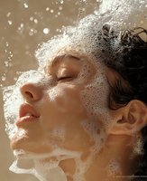 Young Asian woman with closed eyes and serene expression during skincare routine, face covered in luxurious foam cleanser with sunlit bubbles creating dreamy atmosphere.