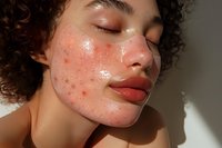 Beauty skincare concept featuring young woman with hydrogel face mask, glowing skin treatment with sparkles and natural curly hair in warm sunlight.