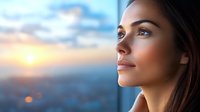 Young woman with natural makeup gazing thoughtfully through window at sunset sky, profile view showing serene expression and glowing skin in warm evening light.