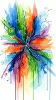 Vibrant watercolor explosion with circuit board patterns and light bulb symbolizing creative technology innovation and digital transformation concepts.