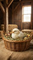 Young white chick nestled in wicker basket filled with hay and dried flowers inside rustic barn setting with wooden beams and window light for farm, agriculture, and Easter themes.
