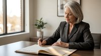 Professional mature Caucasian businesswoman with gray hair writing in notebook at modern office desk, focused on paperwork and planning tasks.
