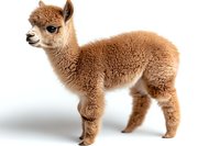 Young brown alpaca cria standing on white background, fluffy wool texture, side view portrait of baby camelid with gentle expression, isolated.