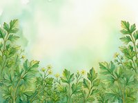Watercolor botanical border with green foliage and delicate yellow flowers on soft pastel background, suitable for spring designs, invitations, and decorative layouts.