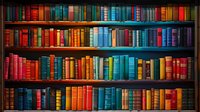 Colorful vintage books arranged on wooden library shelves creating rainbow pattern, spines in vibrant shades of red, orange, blue and green against dark background.