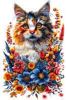 Colorful artistic portrait of a calico cat surrounded by vibrant wildflowers and botanical elements in folk art style, perfect for decorative prints, cards, and home decor designs.