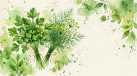 Watercolor bunches of fresh parsley and dill tied with twine on a light background with green paint splashes, perfect for culinary design.
