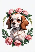 Adorable Cavalier King Charles Spaniel puppy portrait surrounded by pink roses and green leaves wreath on white background, isolated design for prints.