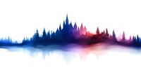 Mystical castle silhouette rising above misty forest landscape with vibrant blue and pink gradient sky, reflected in calm water surface. Fantasy art for book covers.