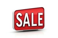 Red 3D sale sign with white bold letters and silver border, isolated on white background for retail promotions and discount campaigns.