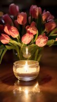 Red and orange tulips in glass vase with lit candle creating warm ambient lighting for home decor, spring floral arrangements, and interior design projects.