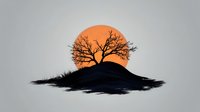 Silhouette of bare tree on hill against large orange moon in misty twilight atmosphere, creating dramatic minimalist landscape for wall art and design projects.