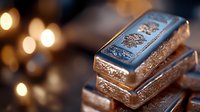 Stacked silver bars with ornate designs and engravings on blurred bokeh background. Precious metal investment concept showing wealth and luxury banking.