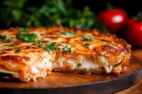Layered zucchini and cheese casserole with melted mozzarella, fresh herbs garnish, and tomatoes on wooden board. Close up view of homemade vegetarian meal.