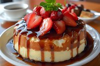 Decadent cheesecake topped with fresh strawberries, drizzled with chocolate and caramel sauce, garnished with mint leaves on white plate, coffee cup in background.