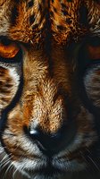 Extreme close-up of fierce tiger face showing intense amber eyes, detailed fur texture, and powerful predator features in dramatic lighting and rich orange tones.