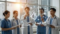 Diverse medical team analyzing holographic data displays in modern hospital setting with digital healthcare technology interface.