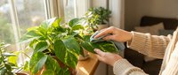 Woman in beige sweater caring for green houseplant by sunny window, nurturing indoor garden with gentle touch in cozy home interior setting.