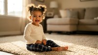 Happy toddler girl with curly hair sitting on carpet in bright living room wearing white top and plaid pants smiling at camera in cozy home interior.
