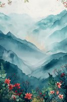 Misty mountain landscape in turquoise and teal tones with red wildflowers and foliage in foreground, creating serene Asian-inspired scenery for wall art and home decor.