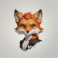 Stylized red fox portrait with expressive eyes and leather jacket on gray background, artistic character design for gaming or animation projects.