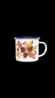 Enamel mug with autumn leaves, pine cones, and berries print, isolated on transparent background. Great for sublimation, print on demand, and t-shirt design use.
