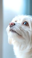 Adorable white small dog with blue eyes looking up expectantly indoors with soft natural lighting and blurred background for pet care and companionship concepts.