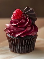 Decadent chocolate cupcake with burgundy frosting topped with fresh raspberry and dark chocolate fan decoration on wooden surface for bakery menu.